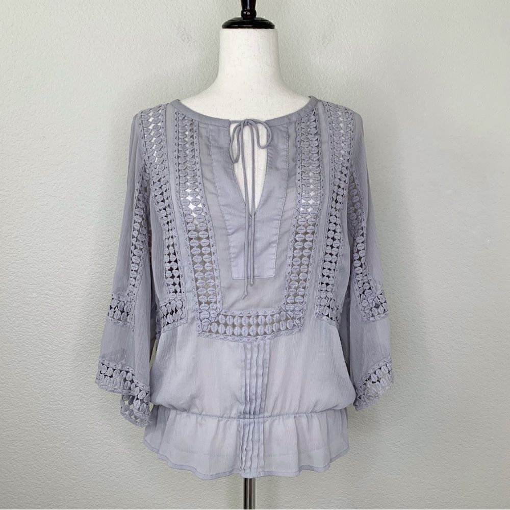 Daniel Rainn Boho Semi- Sheer Embroidered Gray Blouse, Sz Small